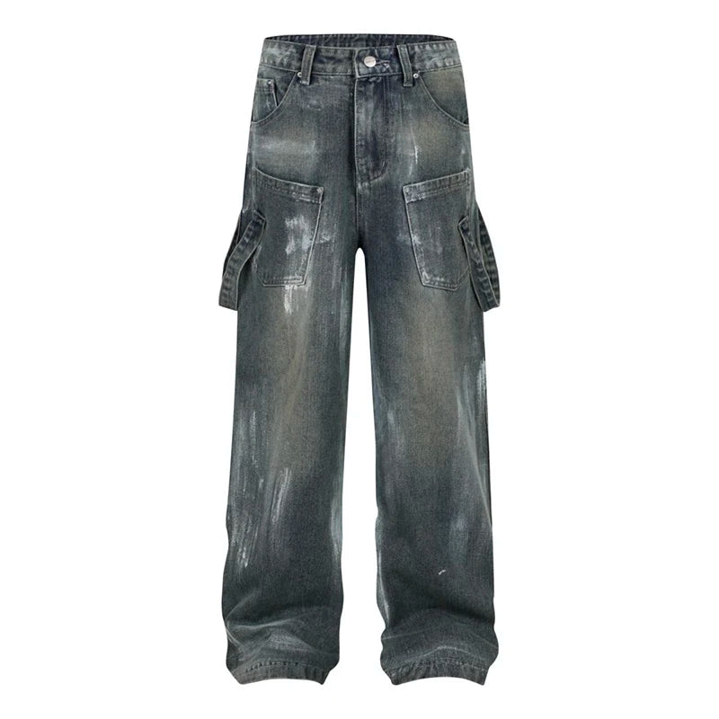 Wide Leg Baggy Jeans Men American Street Vintage Personality Graffiti Hanging Strap Men Jeans Regular Fit