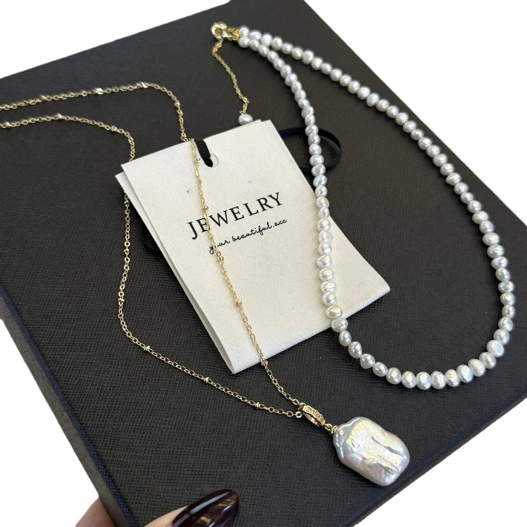Double Layer Baroque Freshwater Pearl Necklace for Women Retro Vintage Style with Bamboo Chain Light Luxury Winter Pendant
