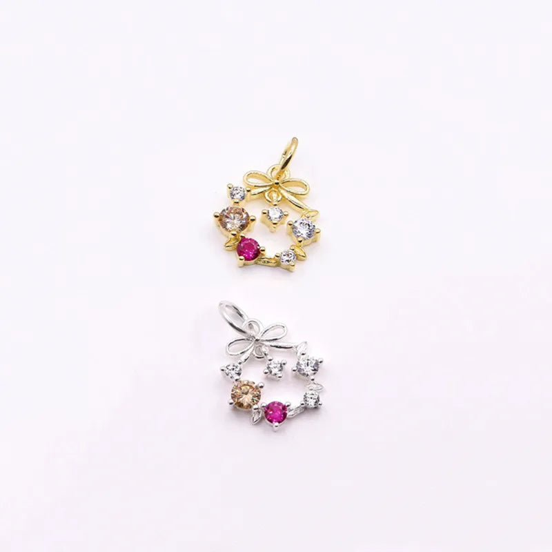 New Style 925 Sterling Silver Gold Vermeil Christmas Zircon Ring Bow Charms for Jewelry Making Pendant