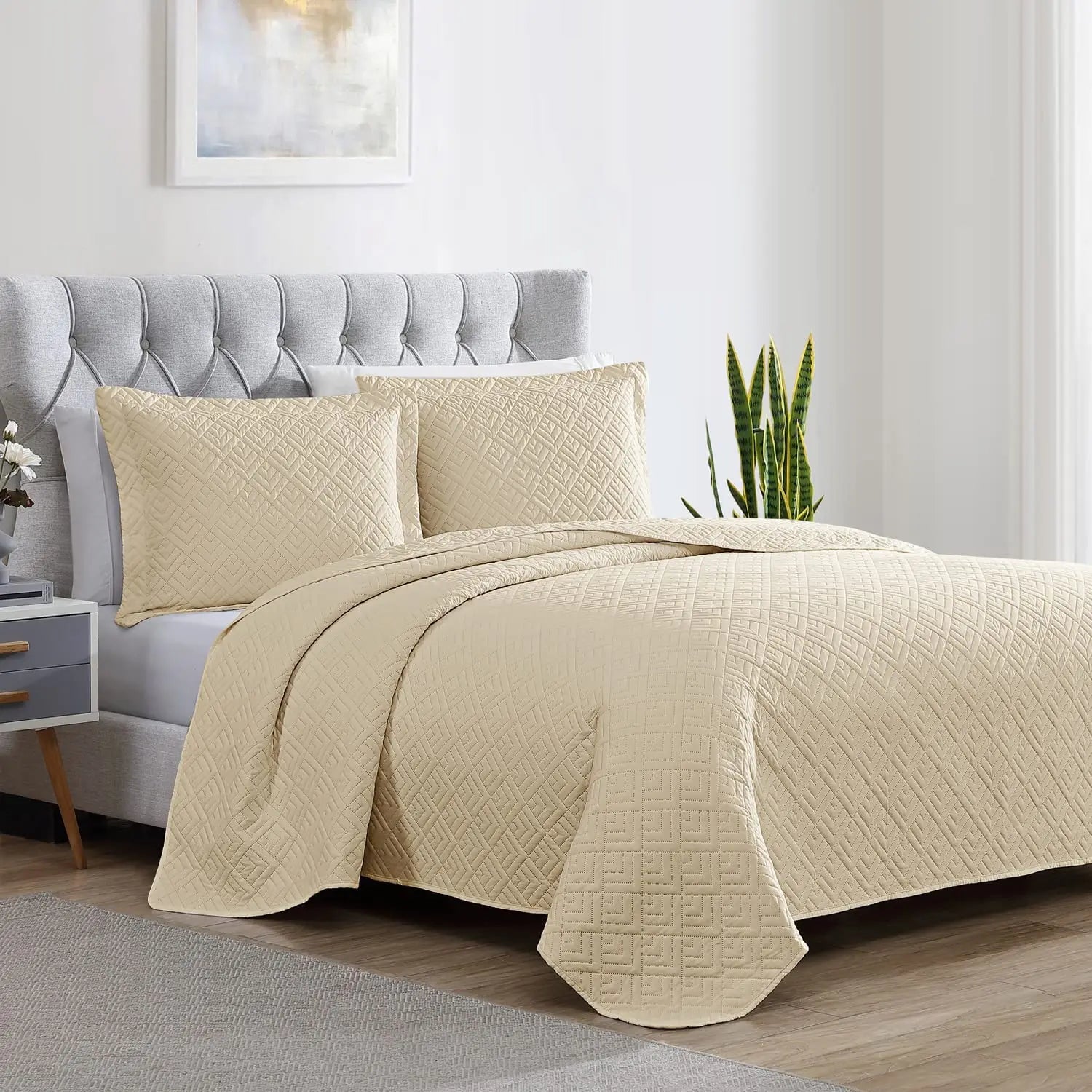 Quilt Set Full/Queen Size Beige 3 PieceLightweight Soft Coverlet Modern Style Squares Pattern Bedspread(1 Coverlet1pillowcase