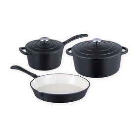 Modern Metal Black Enamel Cast Iron 5-Piece Cookware Set Casserole Pots Pans Two Ears Handles Pot Cover Eco-Friendly Gas