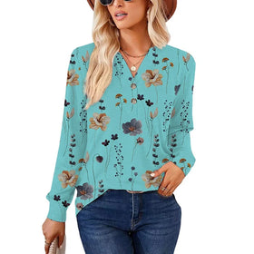 RNSHANGER New Women T Shirts Autumn V Neck Fashion Long Sleeve Print T-shirts Casual Pullover Button Ladies T Shirts