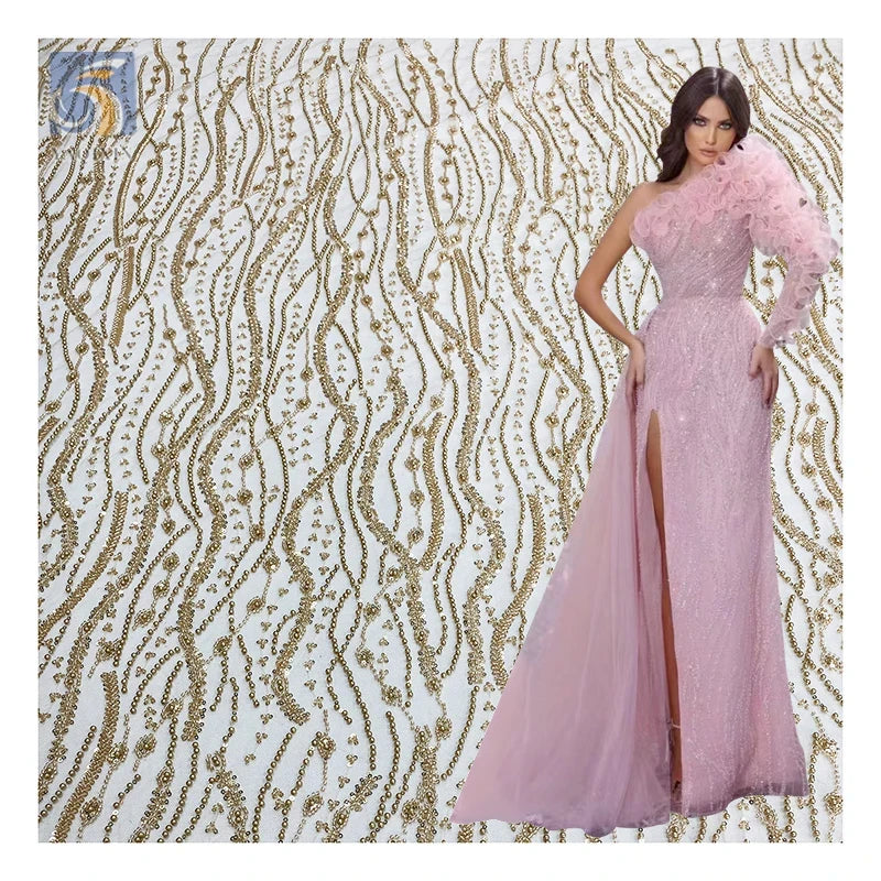 YX2576 Custom Reasonable Price Gold African Lace Crystal Fabric 2025 Golden Sparkly Sequin Beaded Glitter Lace Fabric