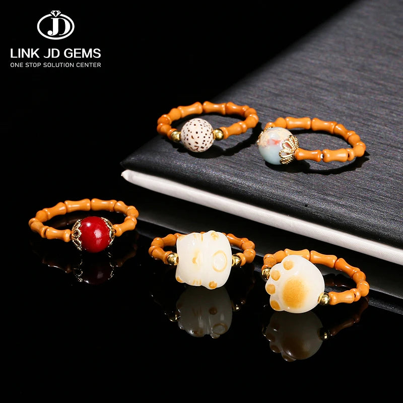 JD GEMS New Chinese Style Elegant Beads Jewelry Charm Olive Nuclear Bamboo Natural Stone Ring for Women Gift