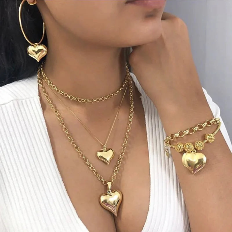 SC Gold Plated Layered Necklace Layer Collar Chain Heart Necklace Multi Layers Heart Pendant Necklace Jewelry Set for Women