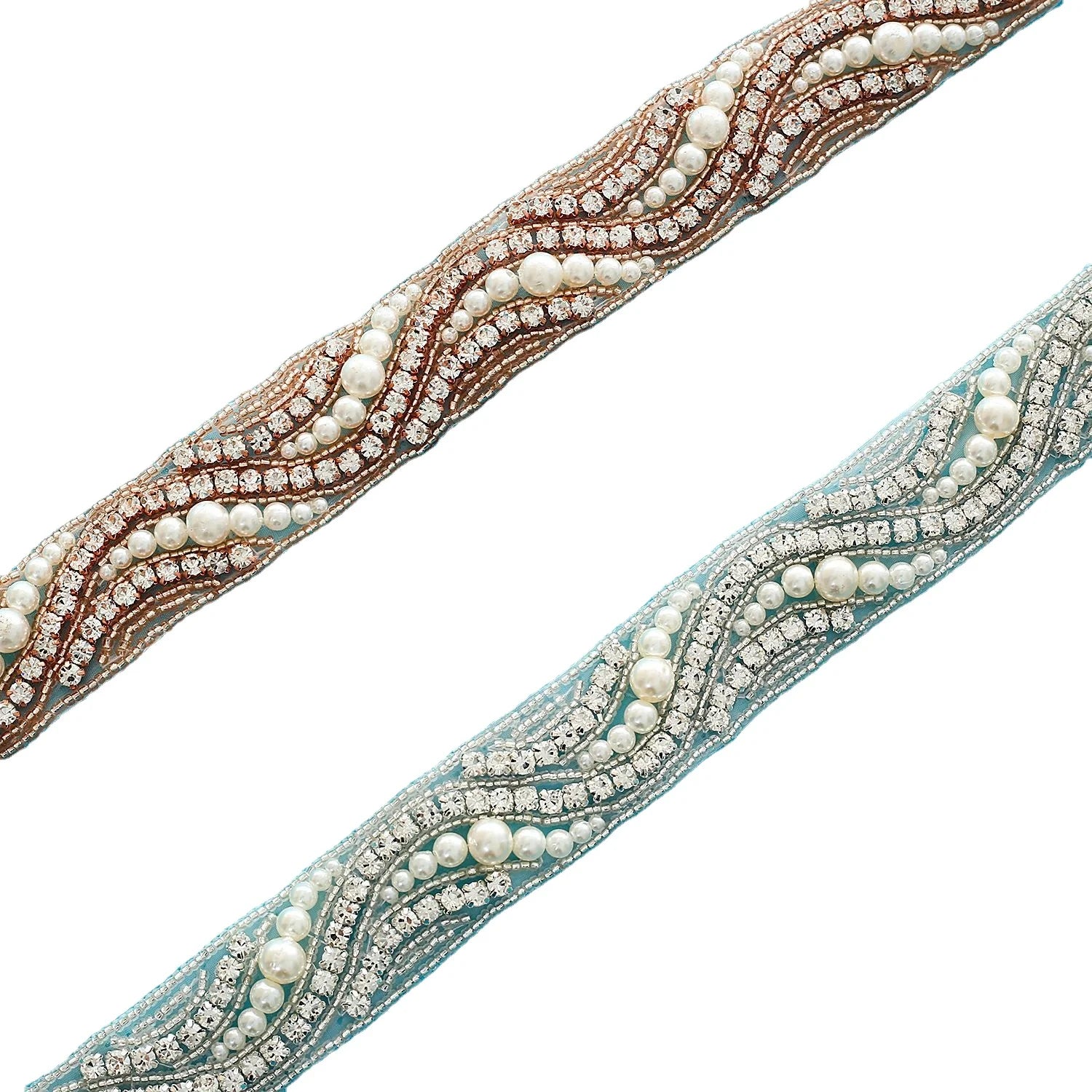 Diy Handmade Gemstones Crystal Rhinestones Applique Patch Iron-on Bridal Wedding Dress Costume Decorative Beaded Pearl Lace Trim