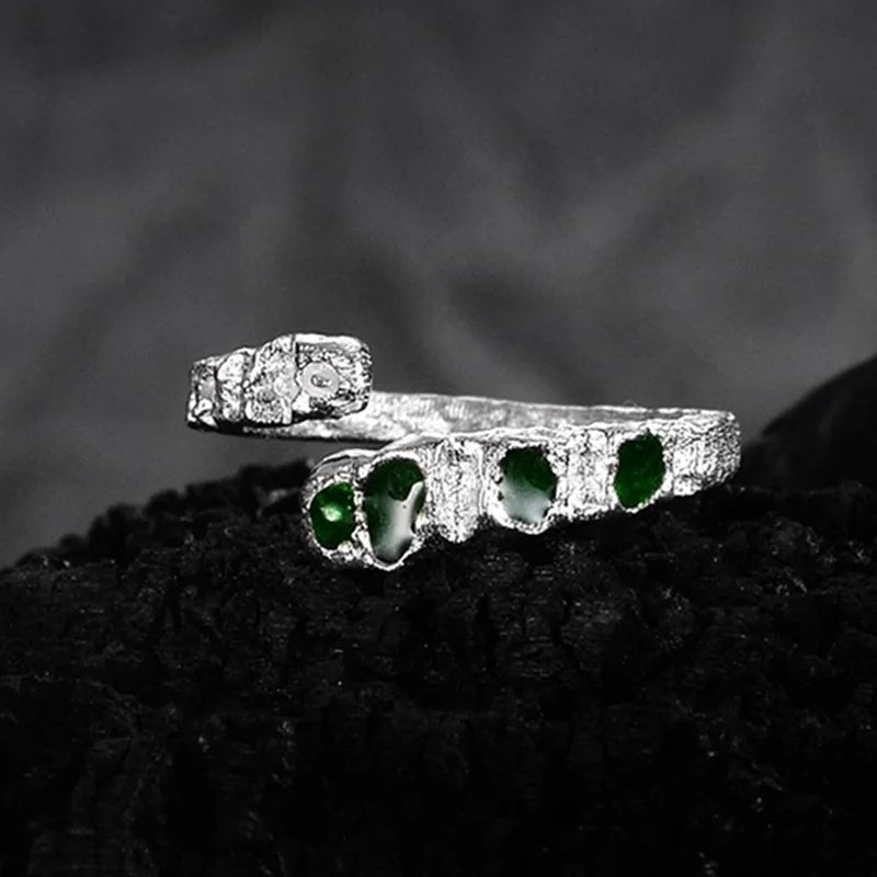 Slatlin College Snake Ring 925 Sterling Silver Green Enamel Drop Glaze Shaped Texture Ring for Women