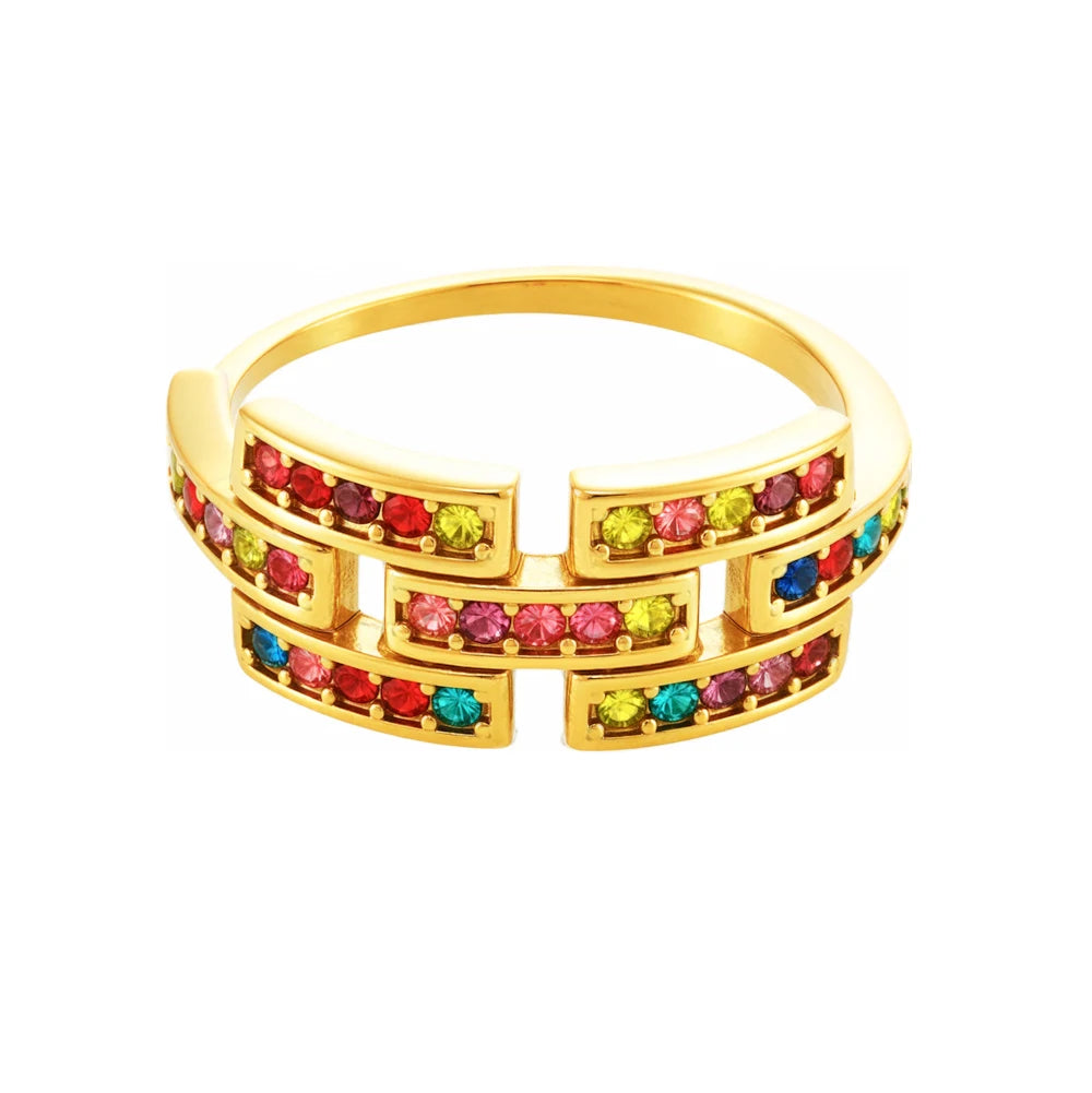Classical Sparkly Colored Zircon Ring Ins Wind Design Sense Titanium Steel 18K Real Gold Ring