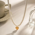 Fashion Pearl Chain Choker Heart Shaped Pendant Non Tarnish Gold Plated Womens Stainless Steel Necklace