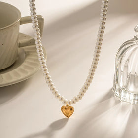 Fashion Pearl Chain Choker Heart Shaped Pendant Non Tarnish Gold Plated Womens Stainless Steel Necklace