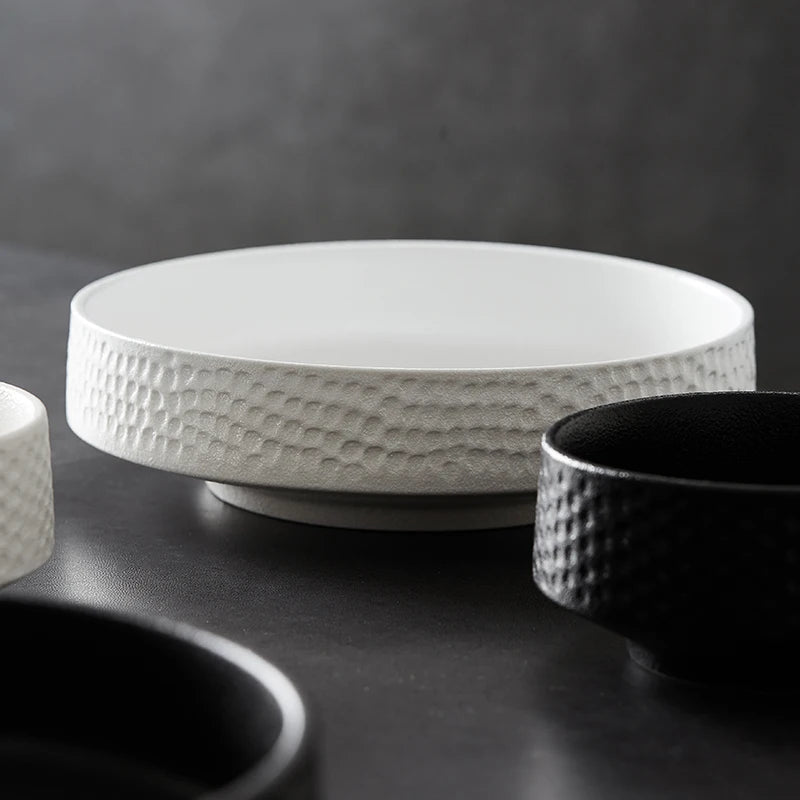 European Style Matte Ceramic Round Pasta Soup Plate Black Spaghetti Dinner Plate Dessert Dish Bowl Kitchen Tableware Cutlery Set