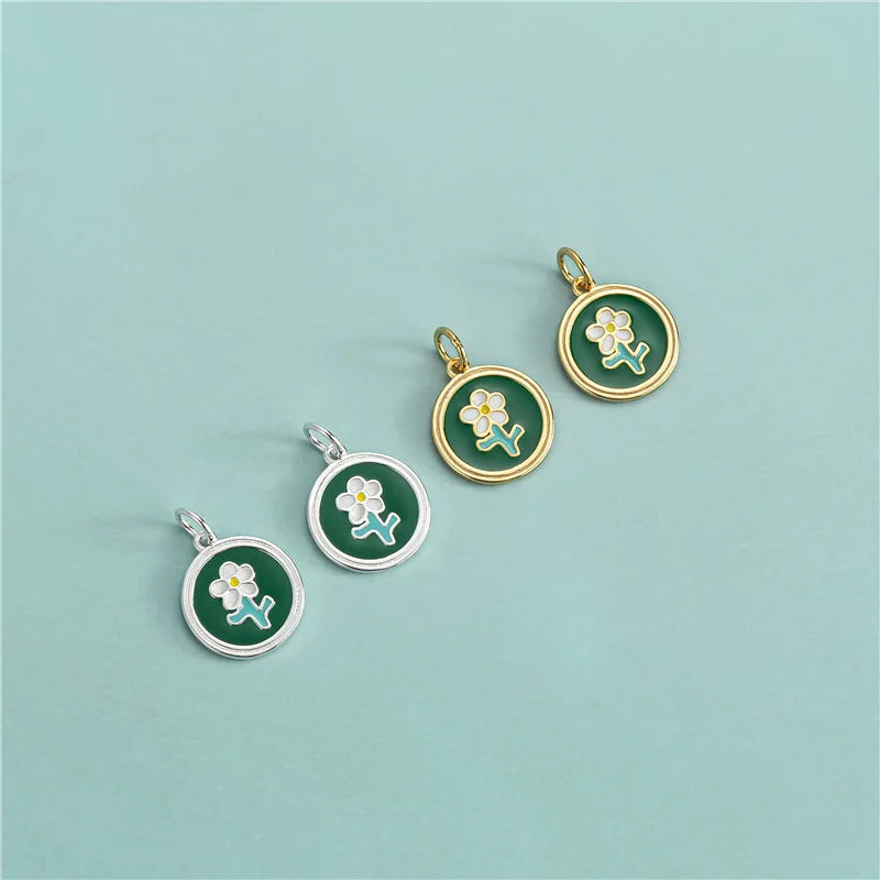Wholesale Dainty 925 Sterling Sliver Colorful Oil Drip Enamel Flower Green Round Pendant for Bracelet Necklace Jewelry Making