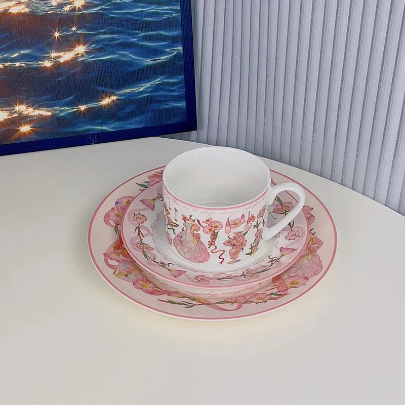 Solhui Ins Korea pink Ceramic Coffee Mug and Saucer Set Light Luxury Afternoon Tea Cup Set