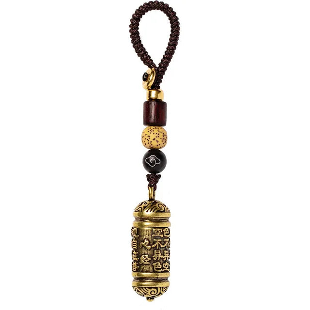 Vintage Brass Tibetan Chinese Cylindrical Heart Sutra Bottle Rope Keychains Pendants Mantra Car Key Chains Rings Lucky Hangings