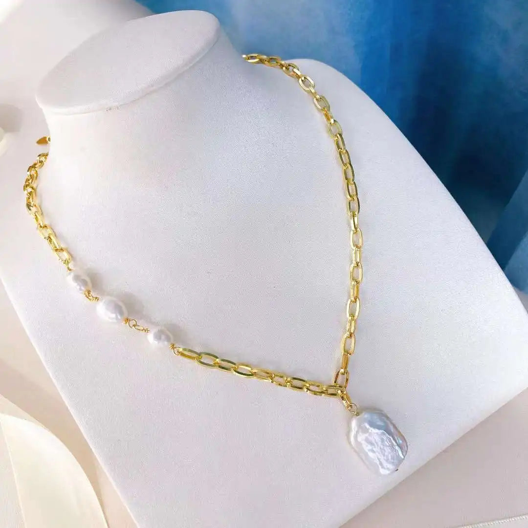 Manufacturer's Special Selling Women's Square Baroque Shaped Natural Pearl Necklace