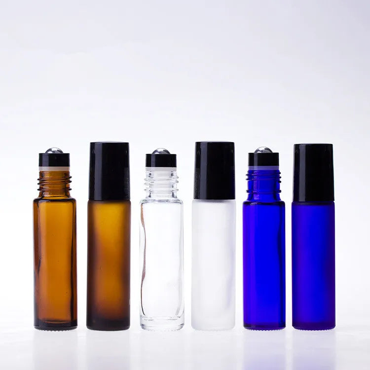 10ml Matte/frosted clear Blue Amber Glass Roll on Bottles With Leak Proof Black Cover Roller Ball Perfume Bottles