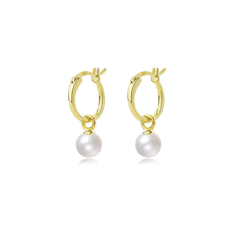 Laodun Popular Hot Selling S925 Huggie Earrings Classic Simple Vintage Minimalist Pearl Sterling Silver Earrings Vermeil