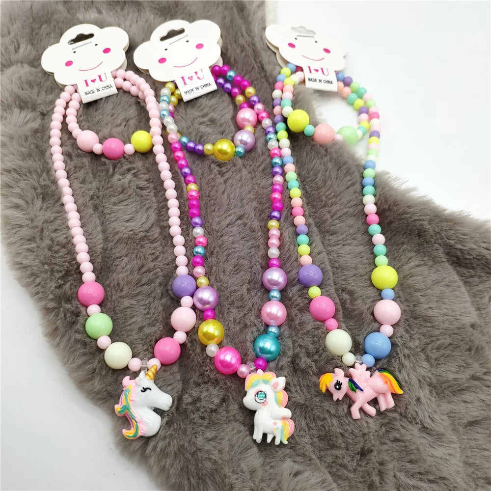 FanYue 2022 Ins Hot Selling Cute Lovely unicorn Horse Jewelry Set for Kids Beaded Colorful Bracelet Necklace Kids Jewelry Set