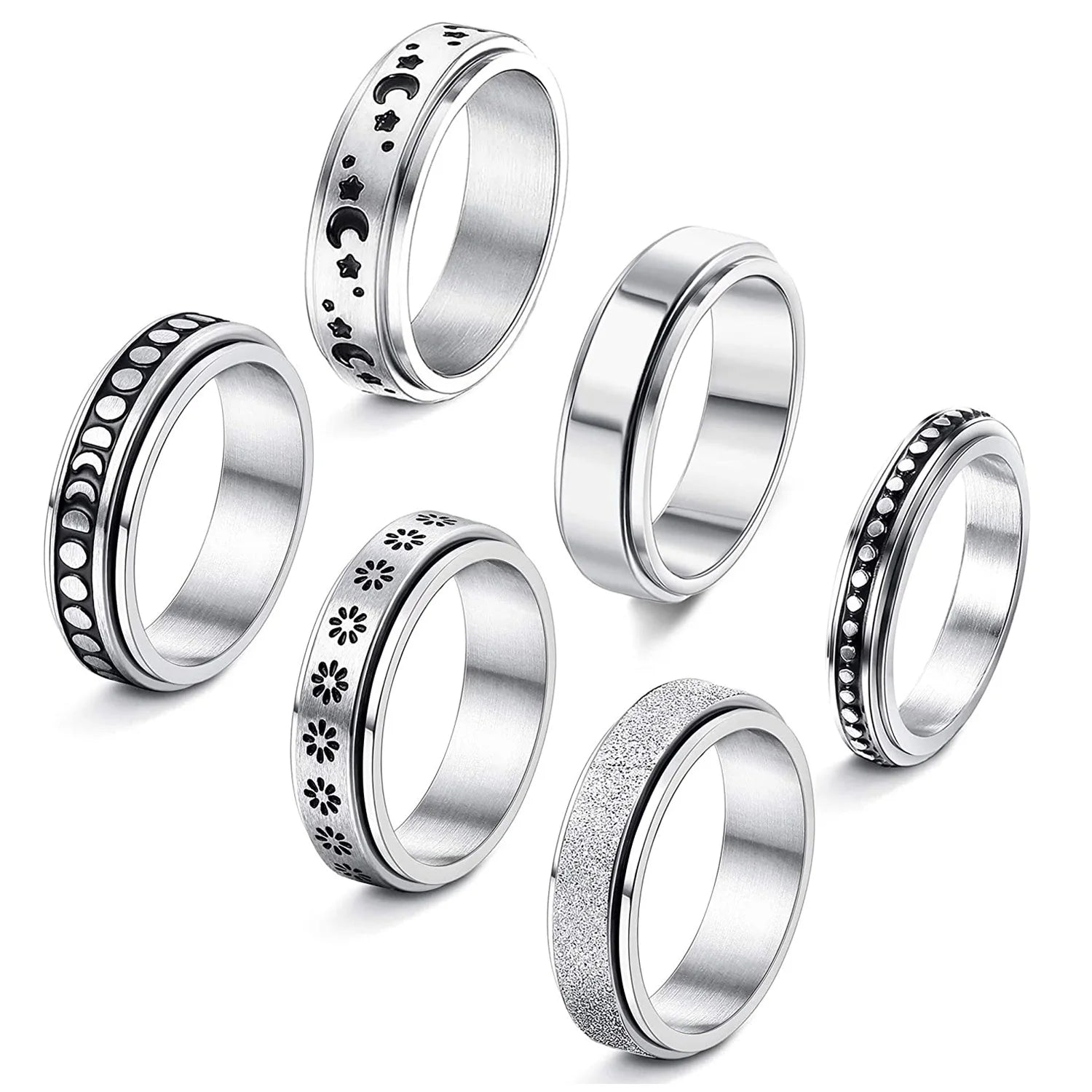 GT Rotating Spinner Rings Unisex Jewelry Moon Star Heart Flower Stainless Steel Silver Plated Trendy Anxiety Spinning Ring