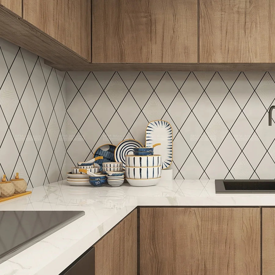 Hot Sale Uneven Surface Glazed Porcelain Large White Rhombus Tiles for Wall Backsplash Kitchen Modern Restaurant Project