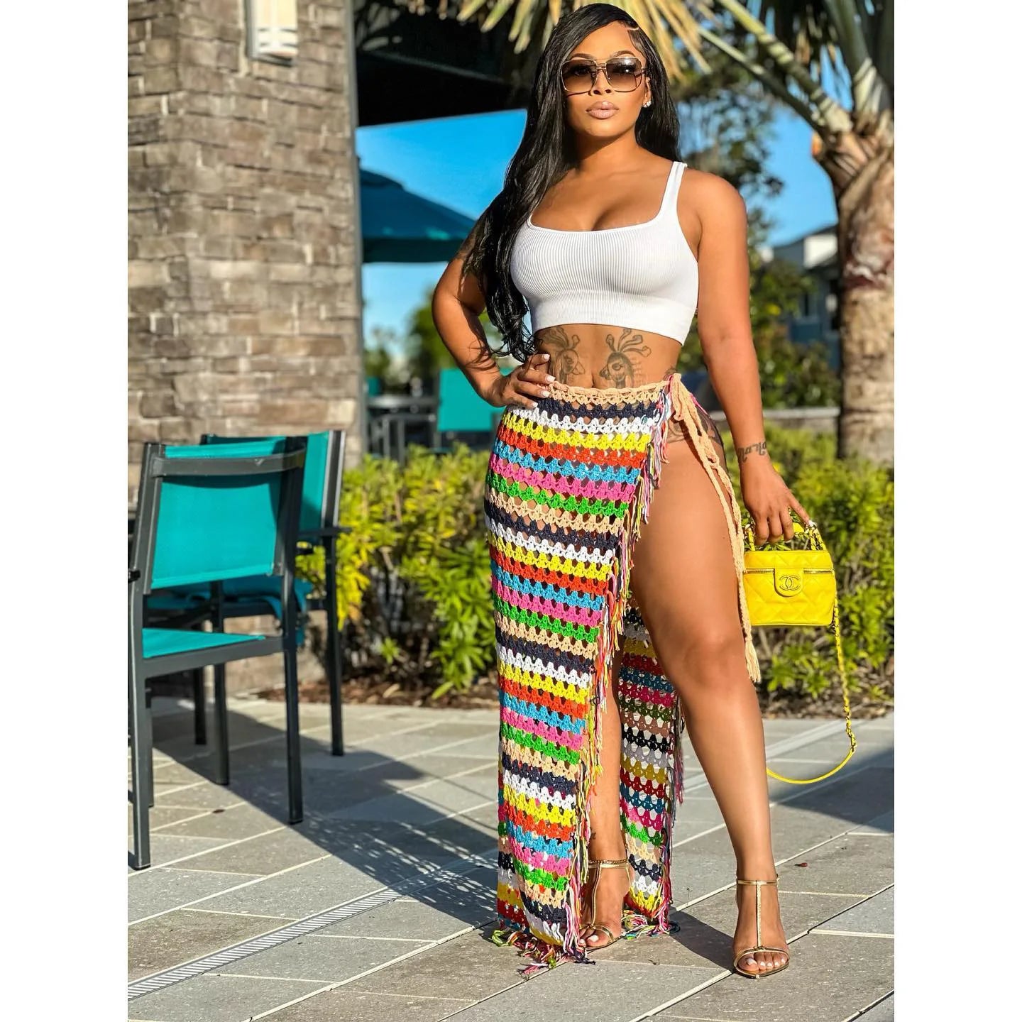 Summer Designer See Through Tassel Colorful Beach Cover up Casual Sexy Long Crochet Skirt