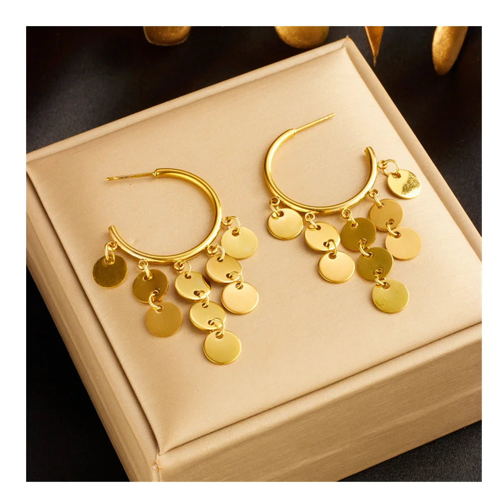 2023 New Trendy Nickel Free Tarnish Free 18k Gold Plated Stainless Steel Round Tassel Earrings