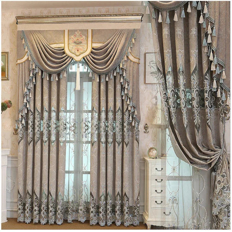 Factory Wholesale European Vintage Chenille Hollow Embroidered Curtains 100% Polyester Luxurious Living Room Bedroom Curtains