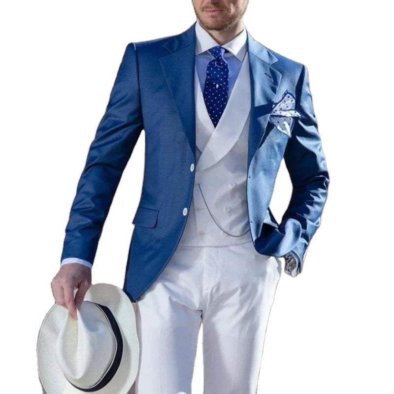 New Arrival Custom Made Blue Two Buttons Tuxedos Groom Notch Lapel Men Suits Wedding Party Groomsmen 3 Pieces Business Suits