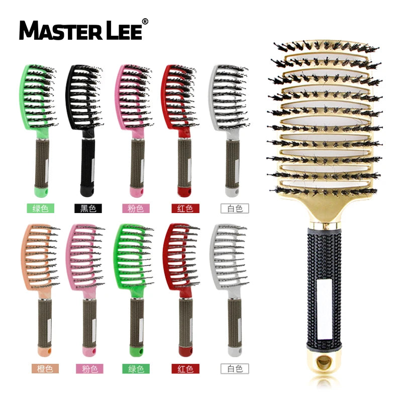Masterlee Multicolor Boar Bristle Brush Rubber Handle Hair Styling Tools Vent Massage Detangling Boar Hair Brush