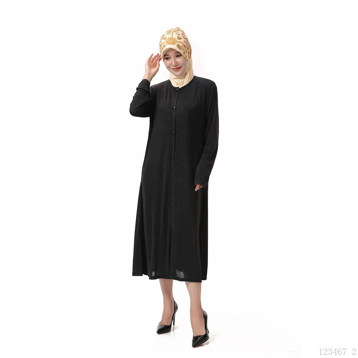 2022 New Design Muslim Abaya Women's Long Sleeved Cotton Crystal Ironed Drilled