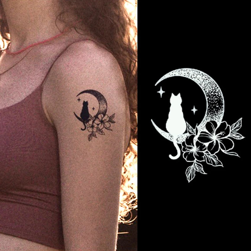 Miss Cat Custom Temporary Henna Body Tattoo Stencil Waterproof Black Temporary Tattoo Sticker for Girls with Floral Design