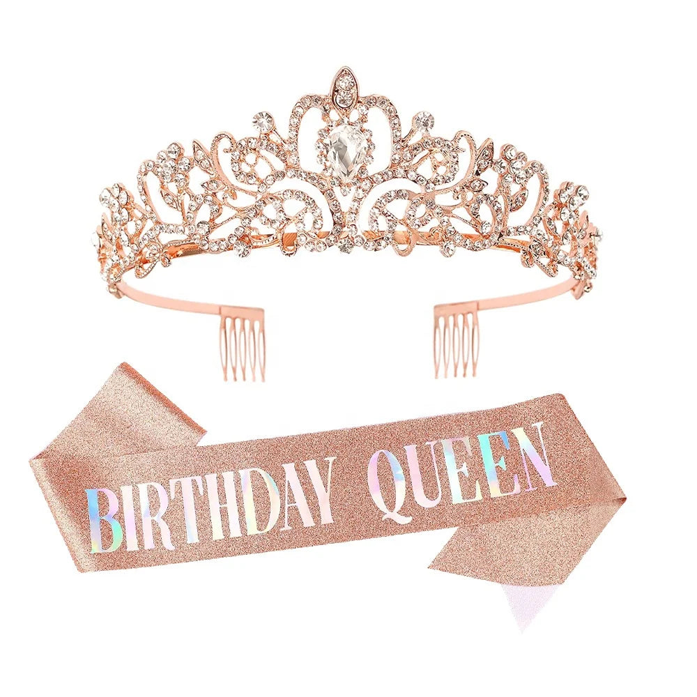 Birthday Party Favor Supplies Rose Gold Birthday Rhinestone Crown Birthday Girl Glitter Sash Tiara Set