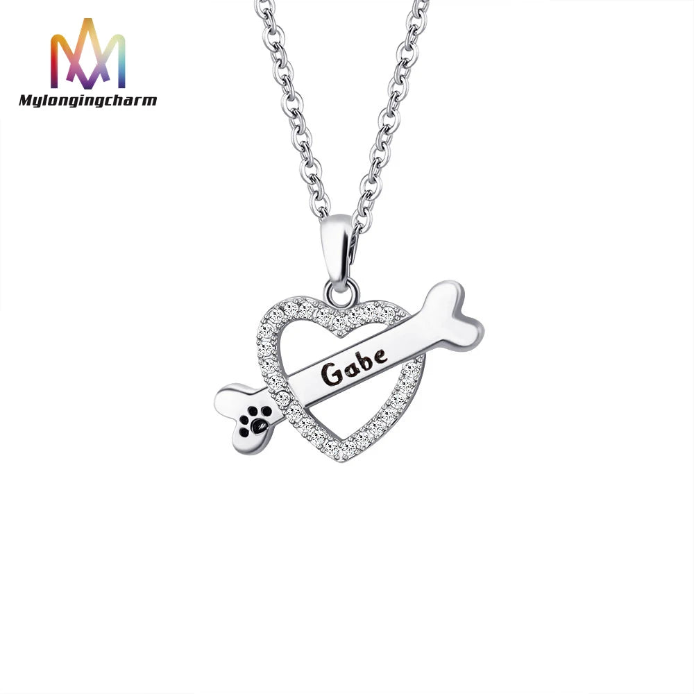 Summer Trendy Jewelry Custom Engravable Dog Bone Necklace Iced Out Heart Pendant Bling Necklace