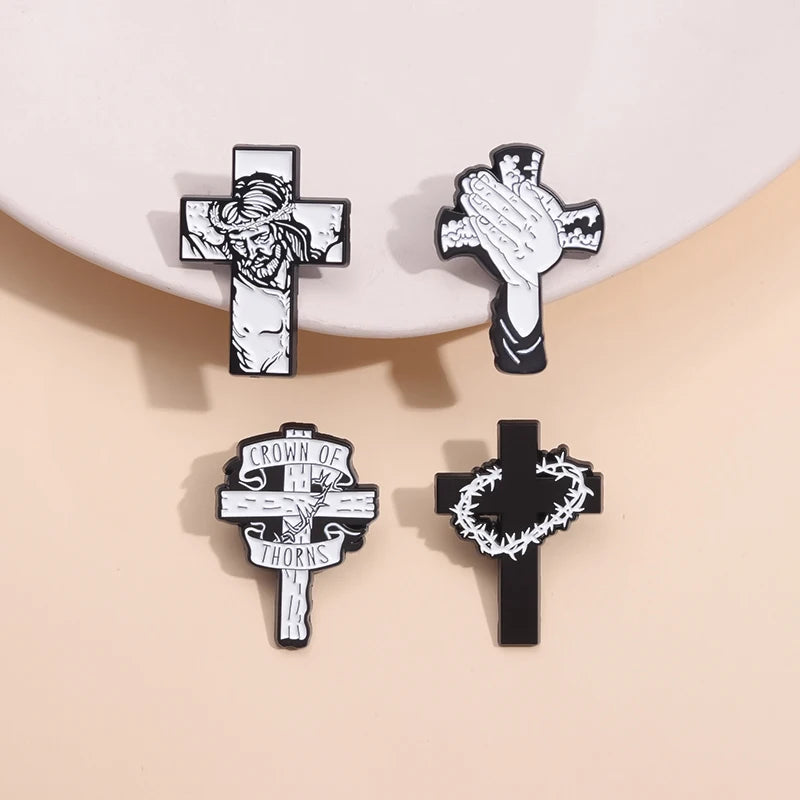 Sacred Symbolism Enamel Pins Jesus Cross Christian Brooch Crown of Thorns Lapel Badge for Backpack Clothes