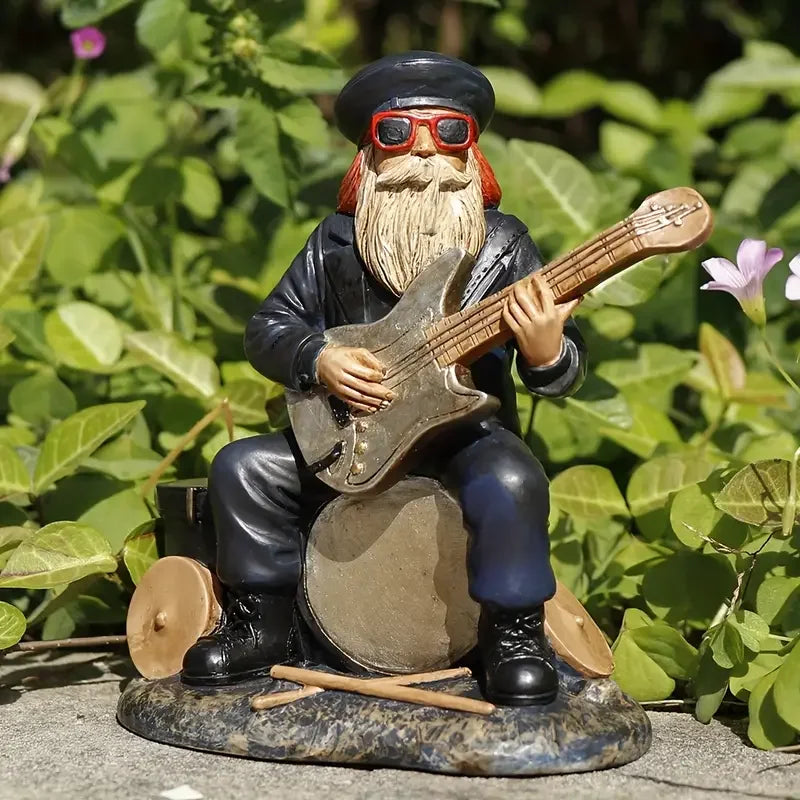 Hot Sale Creative Rocker Grandpa Resin Sculpture with Electric Guitar & Drum Stool Musical Theme Ornament with Denim Texture