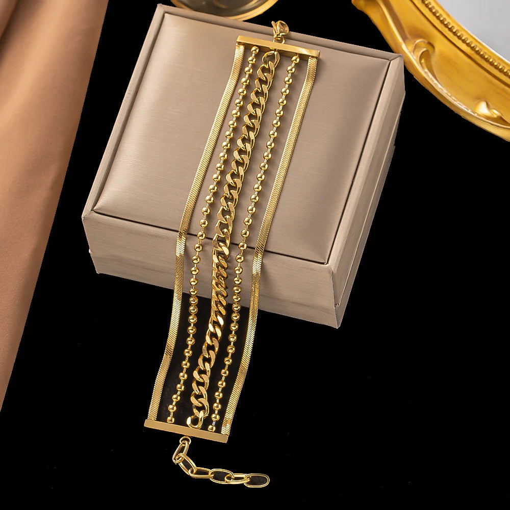 Factory Wholesale Multi-layer Vintage Stainless Steel Bracelet Cuban Chain Bead Chain Bracelet Women Jewelry Bracelets