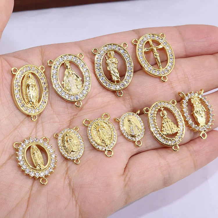 CZ8512 18k Gold CZ Pave Virgin Mary Centerpiece Medal Religious Madonna Jewelry Rosary Centers Connector Making Kit Supplies