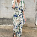 Wholesale 2023 Summer French Vintage V-neck Floral Print Lace up Waist Slim Short Sleeve Women's Dress