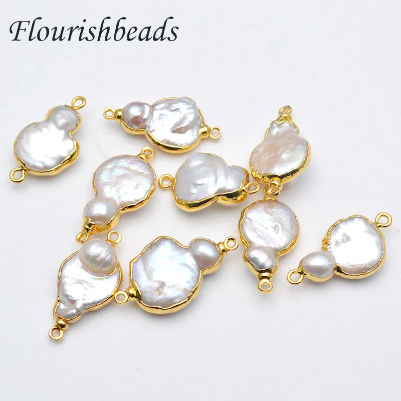 Natural Freshwater Pearl Gold Plated Double Hanging Gourd Shape Loose Pearl Beads Charms for Jewelry Making