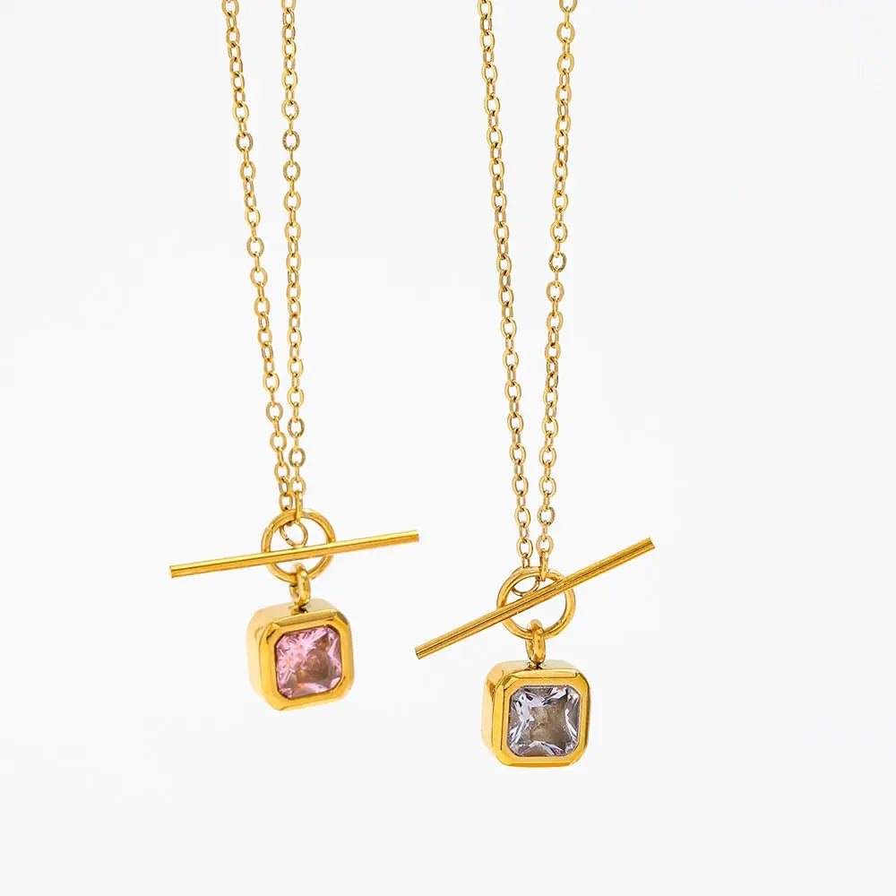 Joolim High-End 18K Gold-Plated Stainless Steel Necklace Square Clear Pink Zirconia Toggle Link Chain Trendy Style for Gift