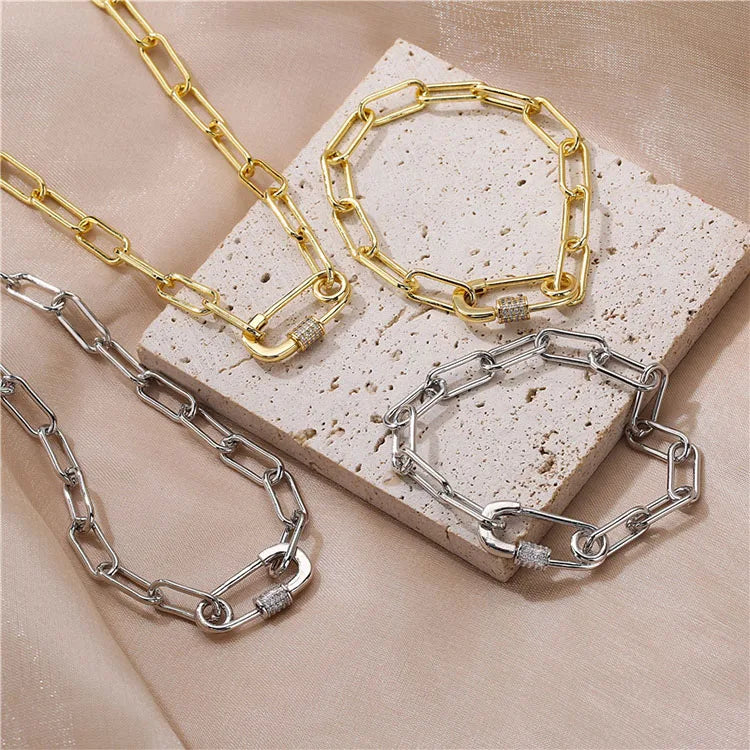NZ1406 Layering CZ Pave Safety Pin Carabiner Lock Clasp Necklace Stainless Steel Paperclip Chain Choker Necklace and Bracelet