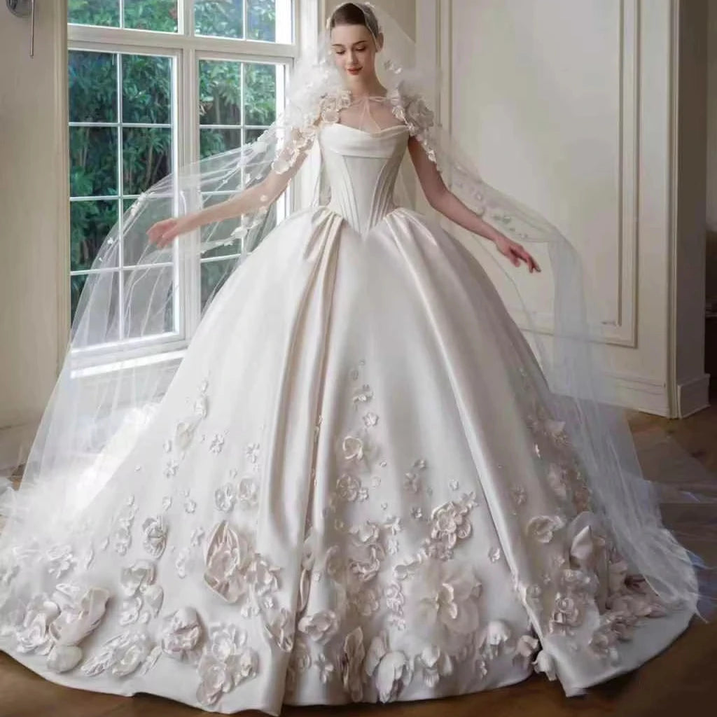 Ruolai ZD05259 Luxury 2026 a Line Floral Ball Gown Wedding Dress Lace Applique Off Shoulder Pleat Vestidos De Novia