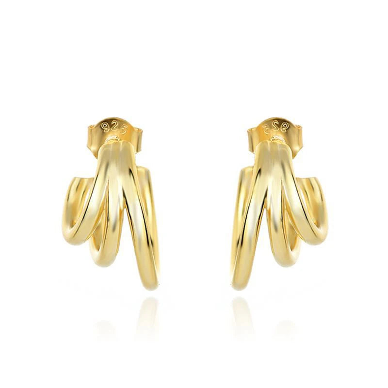 Fashion 925 sterling silver simple 18k gold plated three round lines stud earrings for women