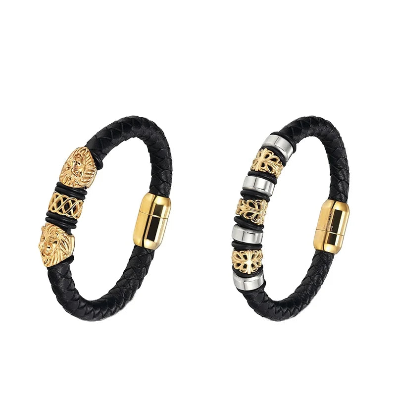 Fashion Men's Leather Bracelet Bangle Braided Rope Simple Punk Style Stainless Steel Bracelet