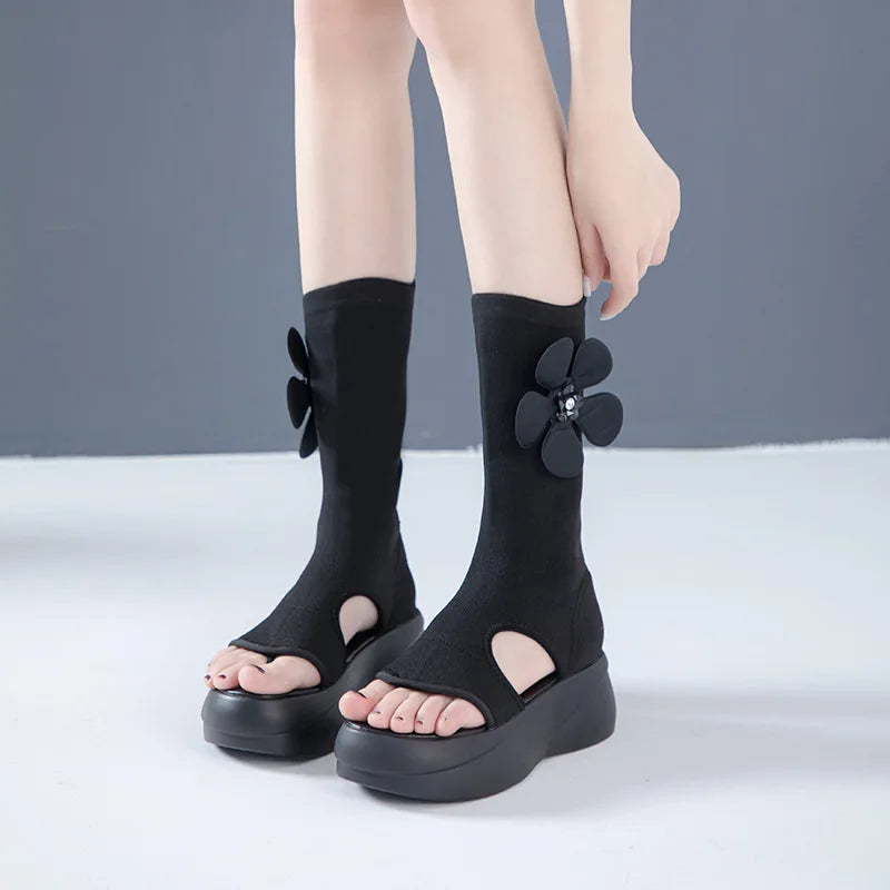 New Open-toe Breathable Stretch Mid-boots Platform Fashion Versatile Boots Trendy Shoes