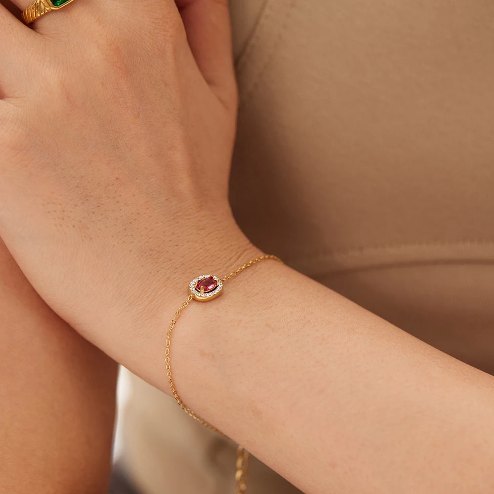 Delicate Stainless Steel Gold Plated Oval Cubic Zircon Stone Pink Pendant Women Bracelets Tarnish Free Jewelry