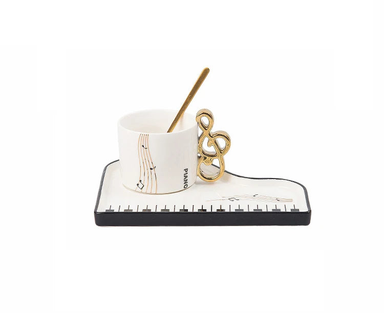 200ml Nordic Creative Piano Shaped Ceramic Black White Mug Coffee Cup and Saucer With Spoon Set As Gift