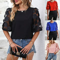 S-2XL Round Neck Hollowed Out Short Sleeved Top Casual Lace Patchwork Chiffon Top