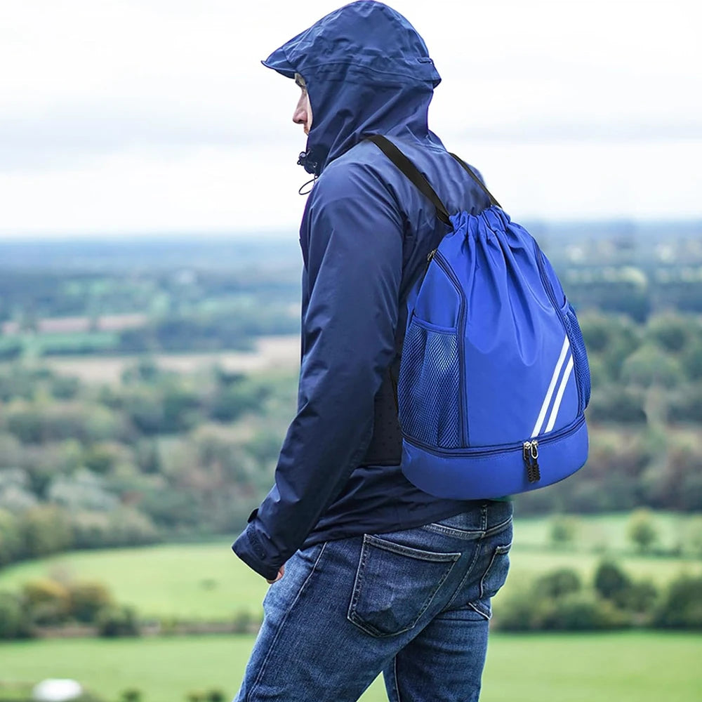 Blue Waterproof Men's Drawstring Gym Backpack Bag With Bottom Shoe Compartment and Side Water Bottle Holder Pockets