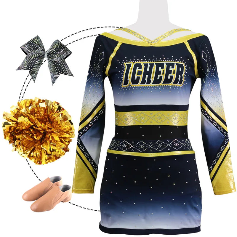 Wholesale Custom Cheerleading Uniforms Rhinestones Sublimated Competition Girls Team Cheerleader Costume Competitive Cheer Wear